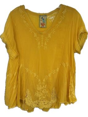 Johnny Was Mustard Yellow Embroidered Boho Scoop Neck Tunic